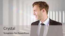  Presentation with room - Slides featuring young handsome businessman looking away against curved white room background and a light gray colored foreground