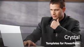  Presentation with laptop - PPT layouts enhanced with young handsome businessman using laptop in elegant office background and a dark gray colored foreground