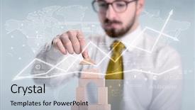  Presentation with wooden building blocks - Presentation design featuring young handsome businessman using wooden background and a  colored foreground