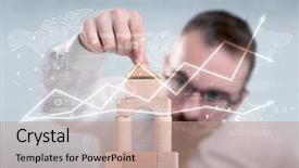  Presentation with wooden building blocks - Colorful slide deck enhanced with young handsome businessman using wooden backdrop and a  colored foreground