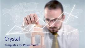  Presentation with wooden building blocks - Cool new slide deck with young handsome businessman using wooden backdrop and a  colored foreground