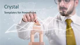  Presentation with wooden building blocks - Amazing slide deck having young handsome businessman using wooden backdrop and a  colored foreground