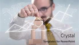  Presentation with wooden building blocks - Beautiful presentation featuring young handsome businessman using wooden backdrop and a  colored foreground