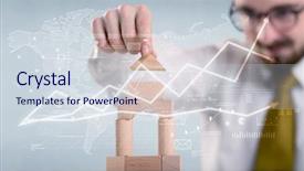  Presentation with wooden building blocks - Beautiful slide deck featuring young handsome businessman using wooden backdrop and a  colored foreground