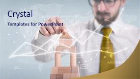  Presentation with wooden building blocks - Beautiful presentation featuring young handsome businessman using wooden backdrop and a  colored foreground