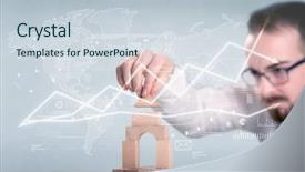  Presentation with wooden building blocks - Beautiful slide deck featuring young handsome businessman using wooden backdrop and a  colored foreground