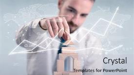  Presentation with wooden building blocks - PPT theme consisting of young handsome businessman using wooden background and a  colored foreground