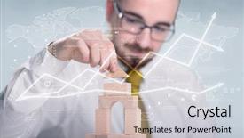  Presentation with wooden building blocks - Amazing PPT theme having young handsome businessman using wooden backdrop and a  colored foreground