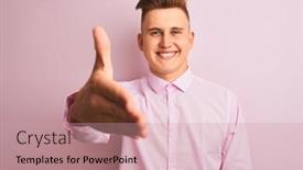 Presentation with business pink - PPT theme featuring young handsome businessman wearing elegant shirt standing over isolated pink background smiling friendly offering handshake as greeting and welcoming successful business background and a coral colored foreground