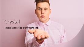  Presentation with kiss - Presentation theme consisting of young handsome businessman wearing elegant shirt standing over isolated pink background looking at the camera blowing a kiss with hand on air being lovely and sexy love expression background and a lemonade colored foreground