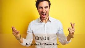  Presentation with elegant star - Presentation theme featuring young handsome businessman wearing elegant shirt standing over isolated yellow background shouting with crazy expression doing rock symbol with hands up music star heavy concept background and a gold colored foreground