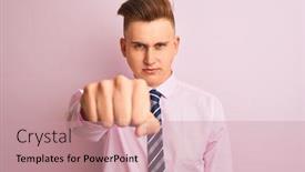  Presentation with violence - PPT theme consisting of young handsome businessman wearing shirt and tie standing over isolated pink background punching fist to fight aggressive and angry attack threat and violence background and a coral colored foreground