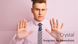  Presentation with forbidden - Amazing presentation design having young handsome businessman wearing shirt and tie standing over isolated pink background moving away hands palms showing refusal and denial with afraid and disgusting expression stop and forbidden backdrop and a lemonade colored foreground