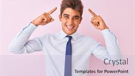  Presentation with great idea - Presentation consisting of young handsome businessman wearing shirt and tie standing over isolated pink background smiling pointing to head with both hands finger great idea or thought good memory background and a light blue colored foreground