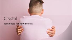  Presentation with self love - Audience pleasing presentation design consisting of young handsome businessman wearing shirt and tie standing over isolated pink background hugging oneself happy and positive from backwards self love and self care backdrop and a lemonade colored foreground