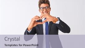  Presentation with heart love - Beautiful theme featuring young handsome businessman wearing suit and glasses over isolated white background smiling in love showing heart symbol and shape with hands romantic concept backdrop and a light blue colored foreground