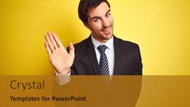  Presentation with saying - Colorful presentation design enhanced with young handsome businessman wearing suit and tie standing over isolated yellow background waiving saying hello happy and smiling friendly welcome gesture backdrop and a gold colored foreground