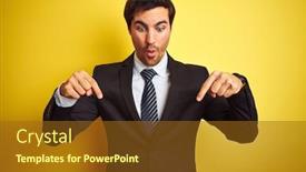  Presentation with handsome - Presentation with young handsome businessman wearing suit and tie standing over isolated yellow background pointing down with fingers showing advertisement surprised face and open mouth background and a tawny brown colored foreground