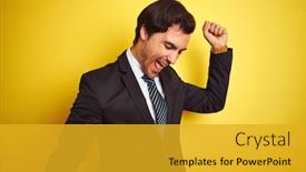  Presentation with yellow music - Cool new presentation theme with young handsome businessman wearing suit and tie standing over isolated yellow background dancing happy and cheerful smiling moving casual and confident listening to music backdrop and a gold colored foreground