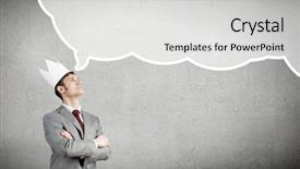  Presentation with crown - Presentation theme with young handsome businessman wearing white paper crown thinking something background and a light gray colored foreground