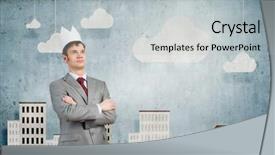  Presentation with crown - Presentation theme consisting of young handsome businessman wearing white paper crown background and a light gray colored foreground