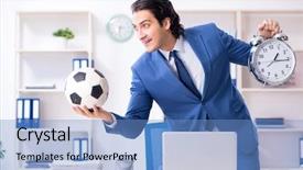  Presentation with motivation ball hill businessman - Cool new slide set with young handsome businessman with soccer backdrop and a teal colored foreground
