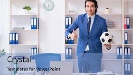  Presentation with soccer - Slide deck having young handsome businessman with soccer background and a light blue colored foreground