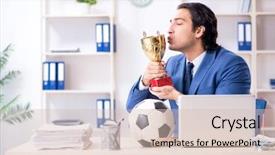  Presentation with award - Amazing PPT layouts having young handsome businessman with soccer backdrop and a soft green colored foreground
