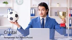  Presentation with motivation ball hill businessman - Slide deck consisting of young handsome businessman with soccer background and a light blue colored foreground