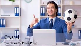  Presentation with motivation ball hill businessman - Slide deck featuring young handsome businessman with soccer background and a light blue colored foreground