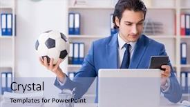  Presentation with soccer - Beautiful theme featuring young handsome businessman with soccer backdrop and a light blue colored foreground