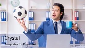  Presentation with motivation ball hill businessman - Theme consisting of young handsome businessman with soccer background and a teal colored foreground