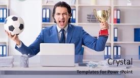  Presentation with motivation ball hill businessman - PPT theme having young handsome businessman with soccer background and a light blue colored foreground