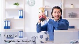  Presentation with soccer - Presentation theme enhanced with young handsome businessman with soccer background and a light blue colored foreground