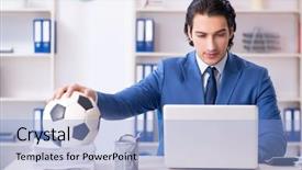  Presentation with motivation ball hill businessman - Beautiful presentation theme featuring young handsome businessman with soccer backdrop and a light blue colored foreground