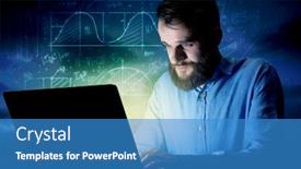  Presentation with blue night - Beautiful presentation design featuring young handsome businessman working late at night in the office with blue mathematic charts in the background backdrop and a teal colored foreground