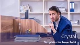  Presentation with working - Colorful presentation enhanced with young handsome businessman working in the office backdrop and a navy blue colored foreground
