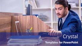  Presentation with government office - PPT theme featuring young-handsome-businessman-working background and a navy blue colored foreground