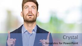  Presentation with bussines - Audience pleasing PPT theme consisting of young handsome bussines man amazed and surprised looking up and pointing with fingers and raised arms backdrop and a teal colored foreground