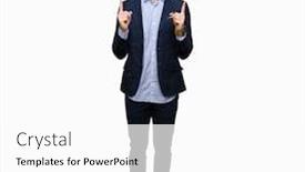  Presentation with bussines - Theme with young handsome bussines man amazed and surprised looking up and pointing with fingers and raised arms background and a white colored foreground