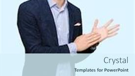  Presentation with bussines - Colorful slide set enhanced with young handsome bussines man clapping and applauding happy and joyful smiling proud hands together backdrop and a sky blue colored foreground