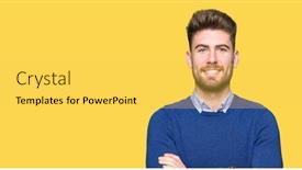  Presentation with bussines - Colorful slides enhanced with young handsome bussines man happy face smiling with crossed arms looking at the camera positive person backdrop and a yellow colored foreground