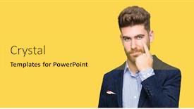  Presentation with bussines - Colorful presentation enhanced with young handsome bussines man pointing to the eye watching you gesture suspicious expression backdrop and a yellow colored foreground