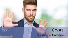  Presentation with bussines - Colorful theme enhanced with young handsome bussines man smiling backdrop and a  colored foreground