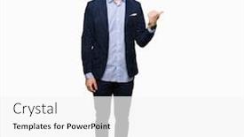  Presentation with bussines - Amazing slide deck having young handsome bussines man smiling with happy face looking and pointing to the side with thumb up backdrop and a white colored foreground