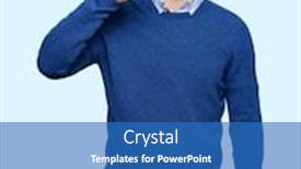  Presentation with bussines - Slide deck enhanced with young handsome bussines man smiling doing phone gesture with hand and fingers like talking on the telephone communicating concepts background and a teal colored foreground