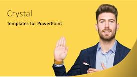  Presentation with bussines - Slide deck enhanced with young handsome bussines man swearing with hand on chest and open palm making a loyalty promise oath background and a light gray colored foreground