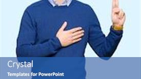  Presentation with bussines - Cool new theme with young handsome bussines man swearing with hand on chest and fingers making a loyalty promise oath backdrop and a ocean colored foreground