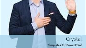  Presentation with bussines - PPT layouts enhanced with young handsome bussines man swearing with hand on chest and open palm making a loyalty promise oath background and a light blue colored foreground