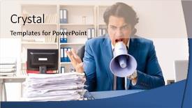  Presentation with busy - PPT theme having young handsome busy employee sitting background and a lemonade colored foreground